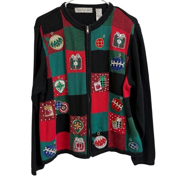Victoria Jones Woman Sweaters - Vtg Victoria Jones Womens Sz XL Black Red Full Zip Christmas Sweater Grandmacore
